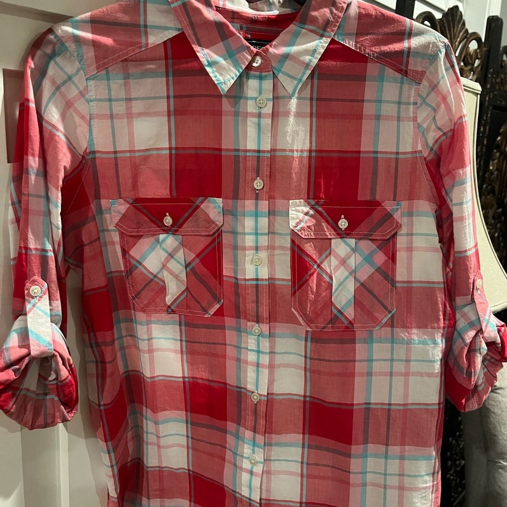 Express Red Plaid Women's Button Down Shirt